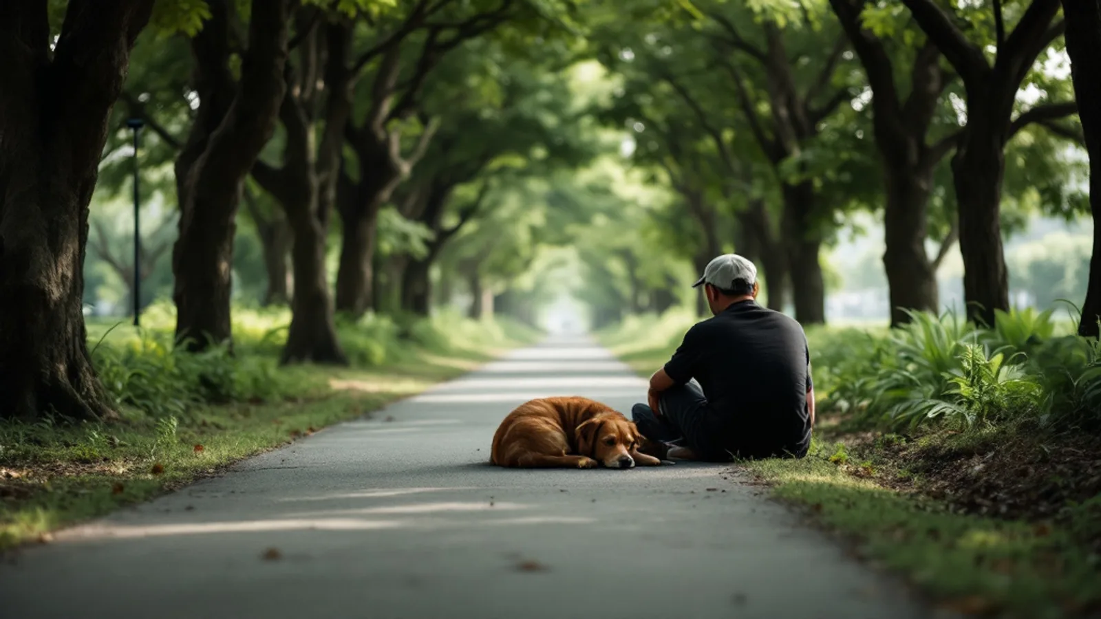A brown dog lying beside a seated person on a tree-lined path.