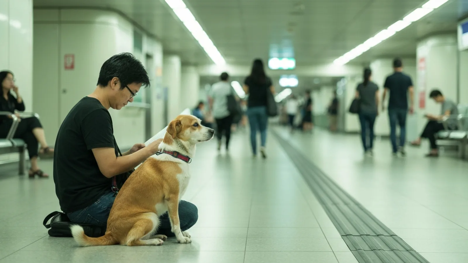 A dog sitting near their owner in an MRT concourse