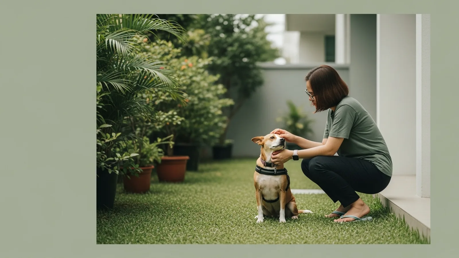 A dog being petted by their owner in a condo garden