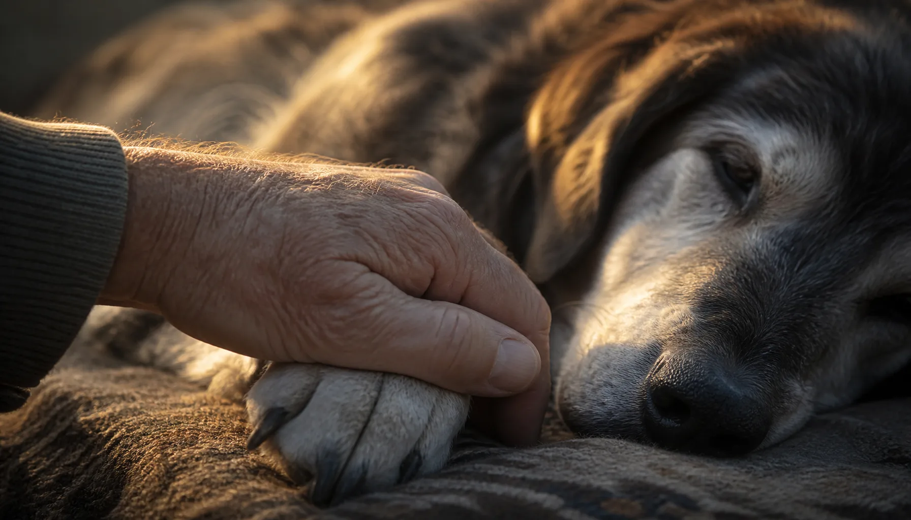 An elderly owner sitting quietly beside a senior dog resting on a blanket at home in Singapore