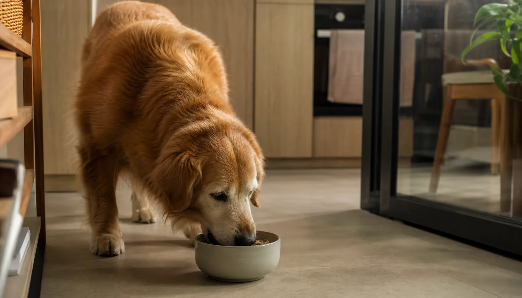 An older dog resting beside a bowl of senior formula dog food in a Singapore home