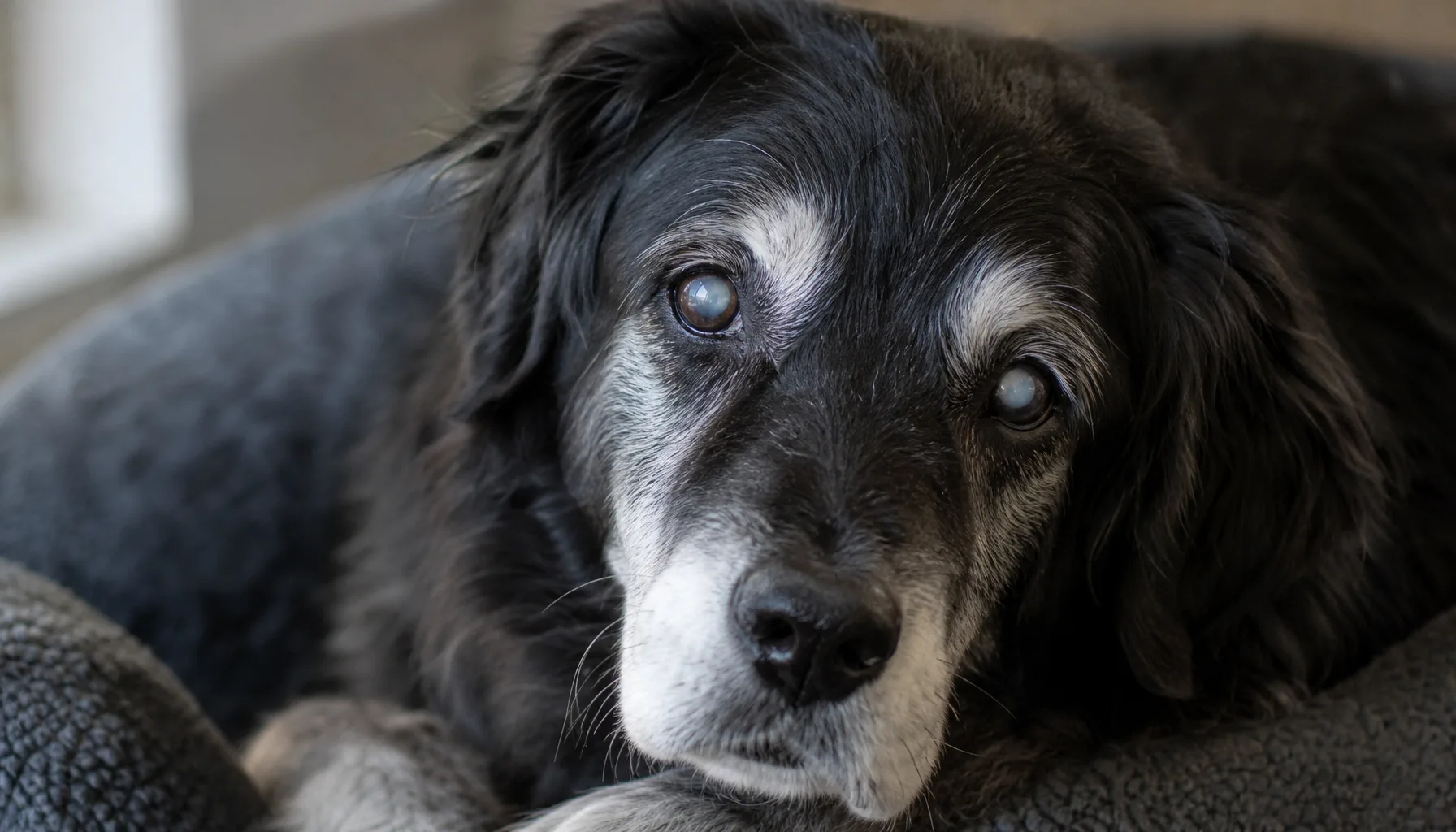 A senior dog with a cloudy blue grey haze in its eyes resting calmly at home