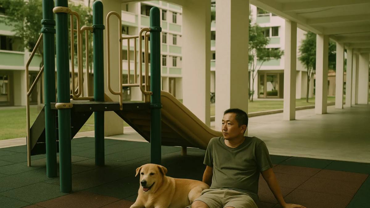 A dog resting beside their owner in an HDB playground area