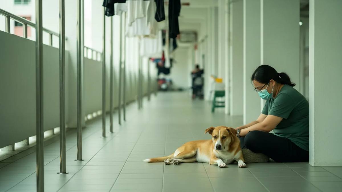 A person sitting beside a dog on a tiled floor.