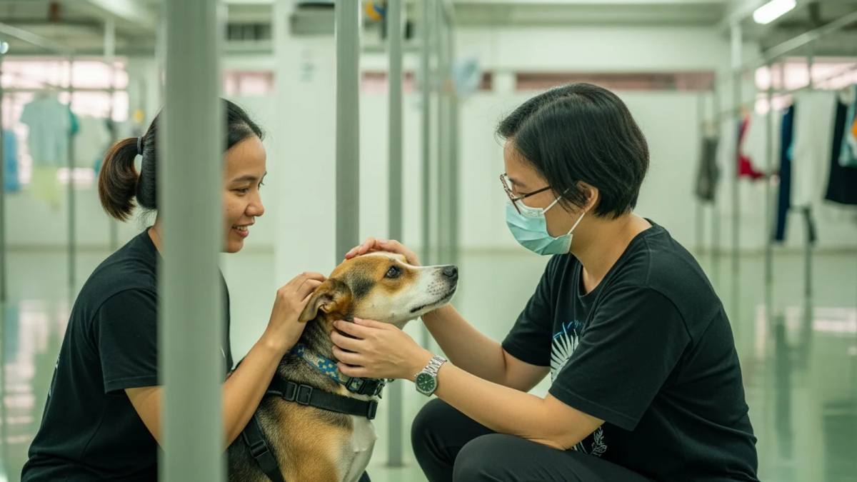 A dog being petted by their owner in an HDB void deck
