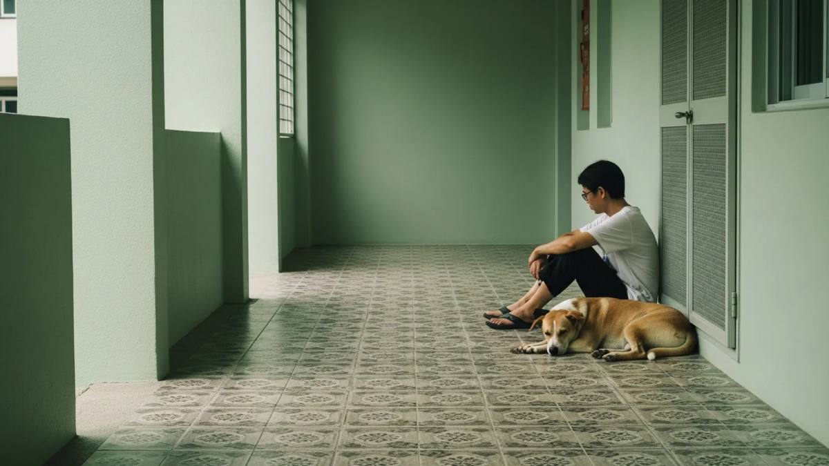 A dog resting beside their owner in an HDB corridor