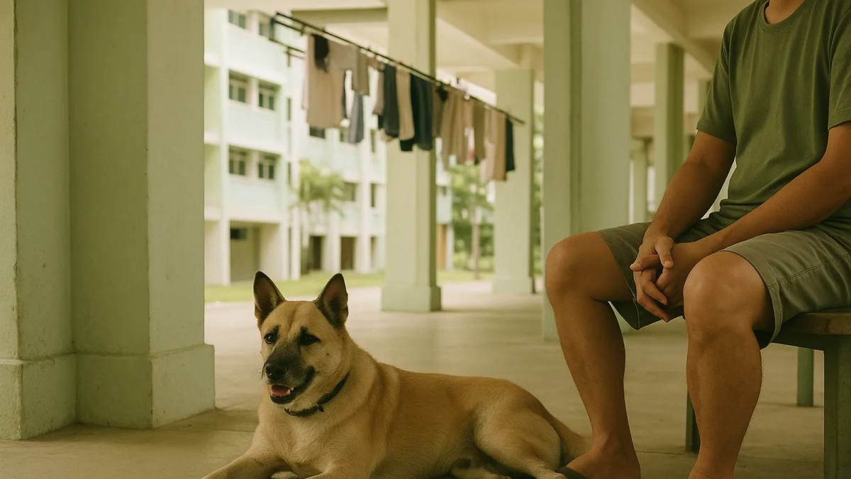 A dog resting beside their owner in an HDB void deck