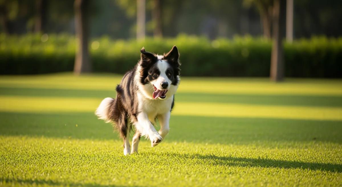 A Border Collie dog running in a Singapore park