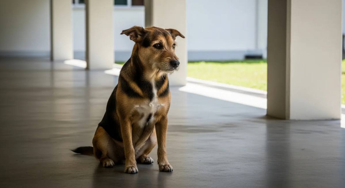A local mixed-breed Singapore Special dog sitting in an HDB void deck