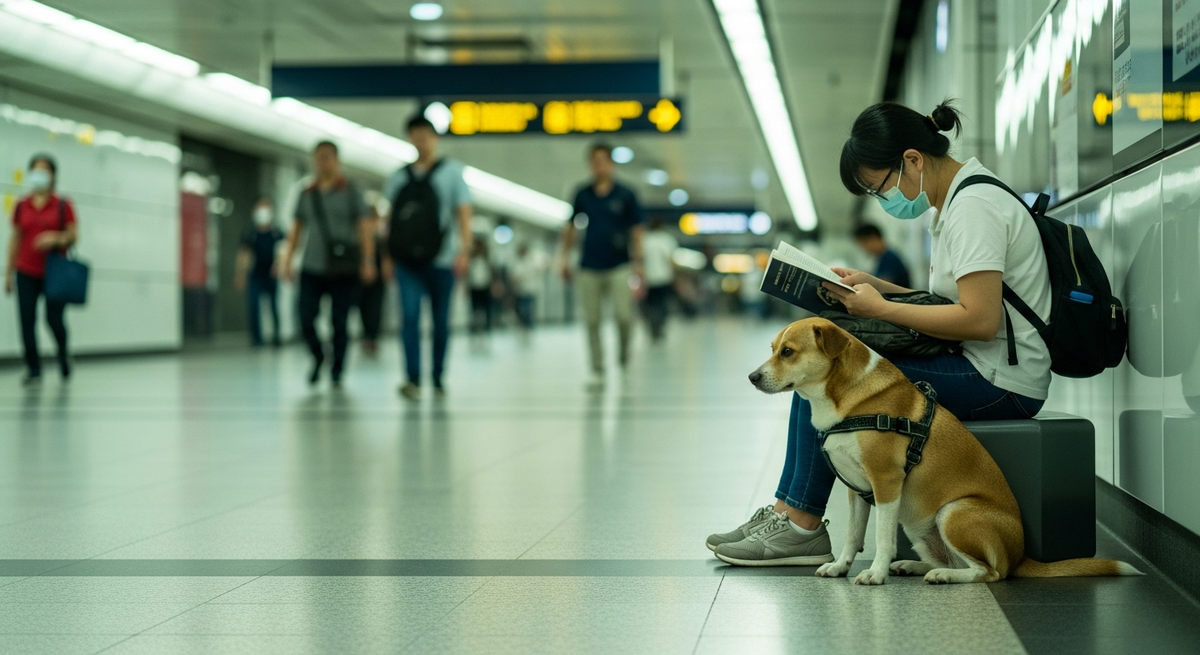 A dog sitting near their owner in an MRT concourse