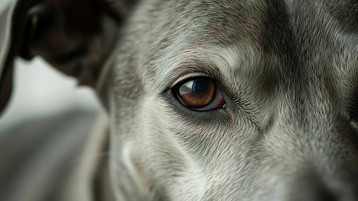 Close-up of a dog’s face with grey fur around the eye.