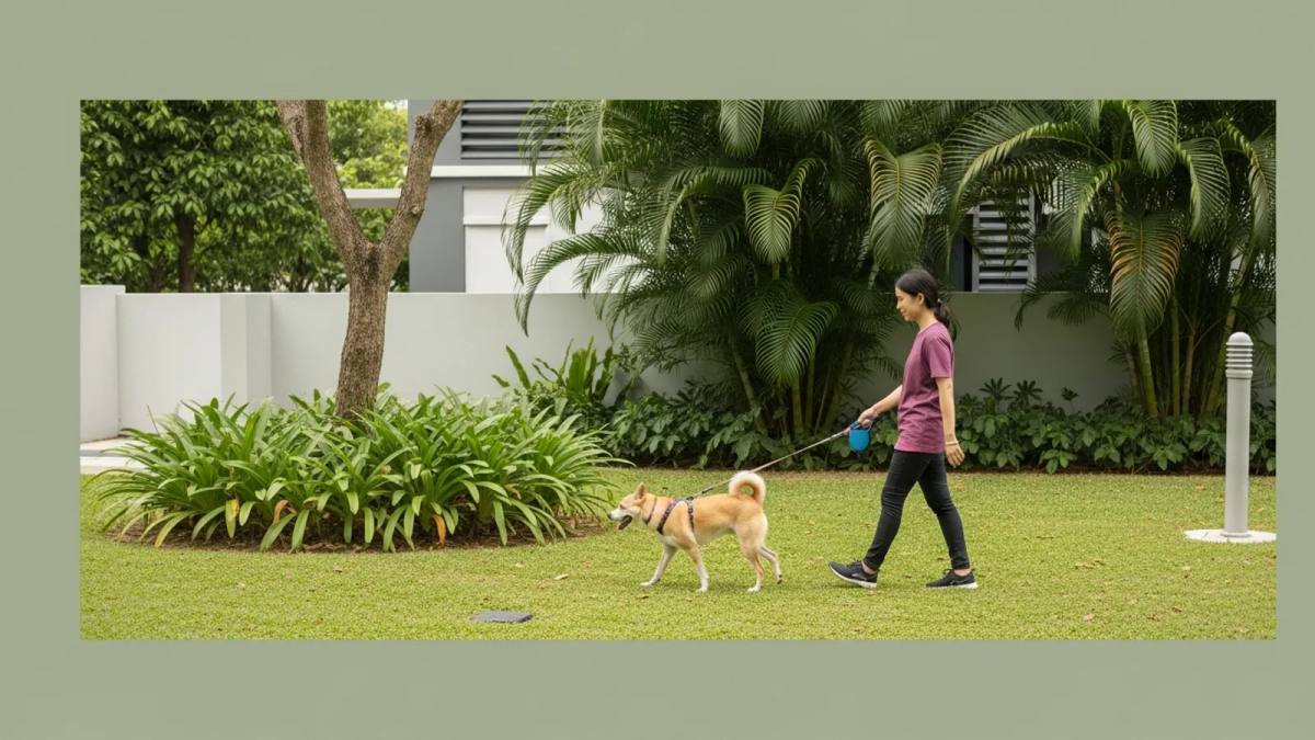 A dog walking with their owner in a condo garden