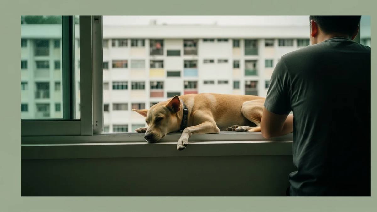 A dog resting beside their owner in a window overlooking an HDB estate
