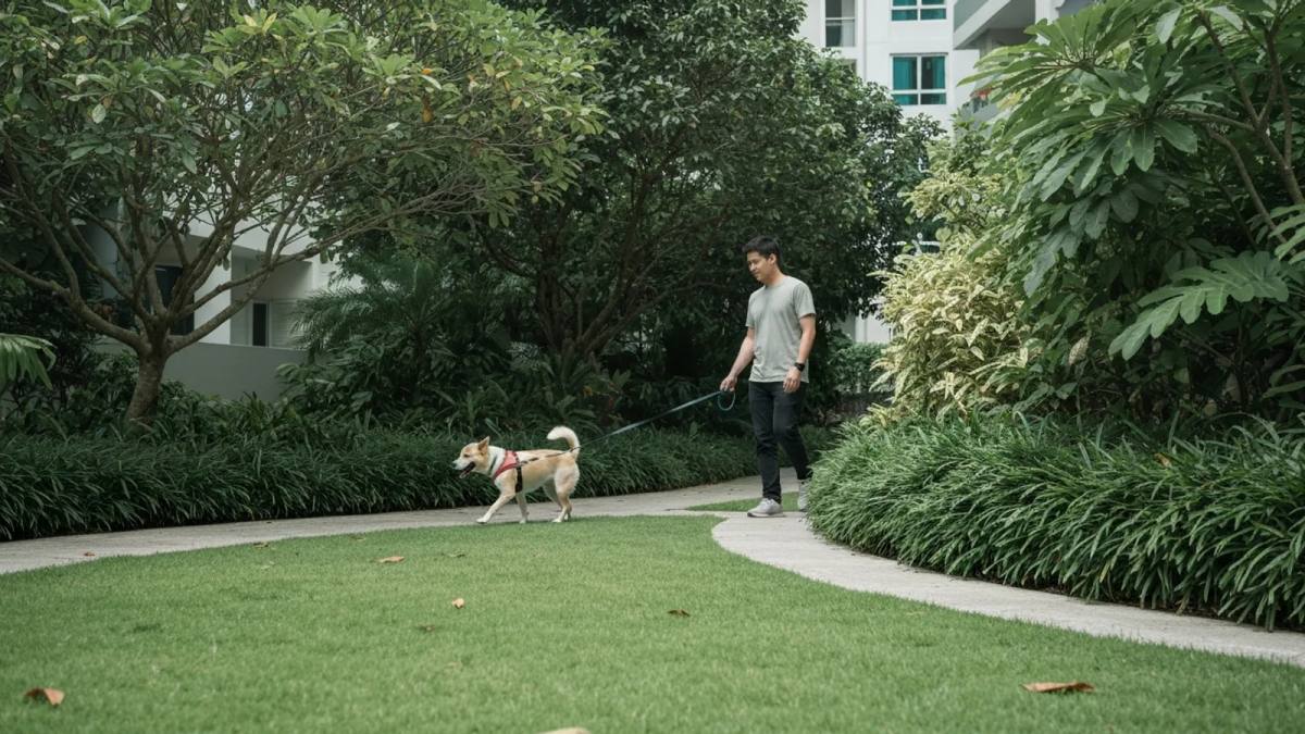 A dog walking with their owner in a condo garden