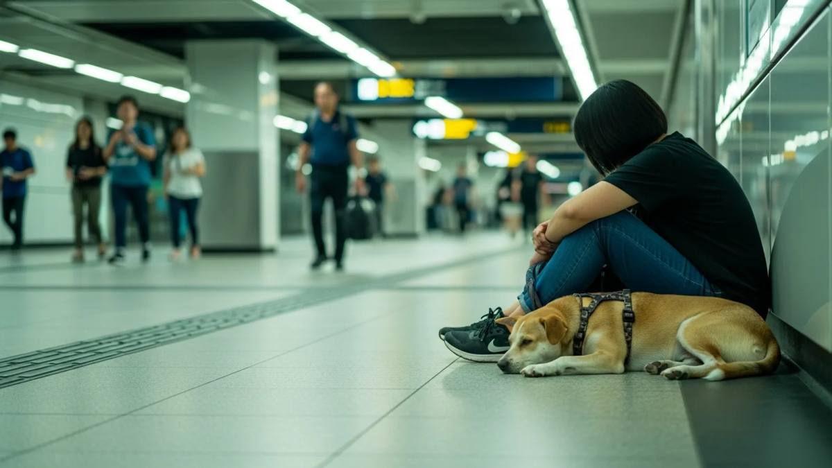A dog resting beside their owner in an MRT concourse