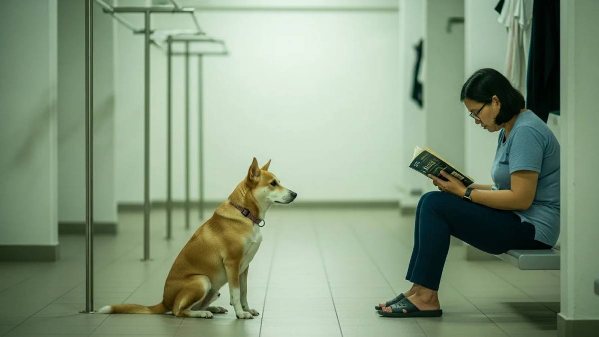 A dog sitting near their owner in an HDB void deck