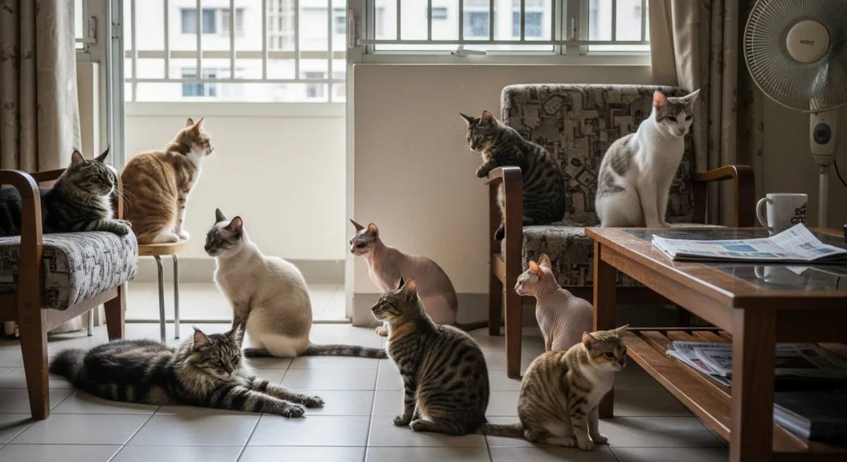 Two cats sitting side by side in a sunny Singapore HDB flat window