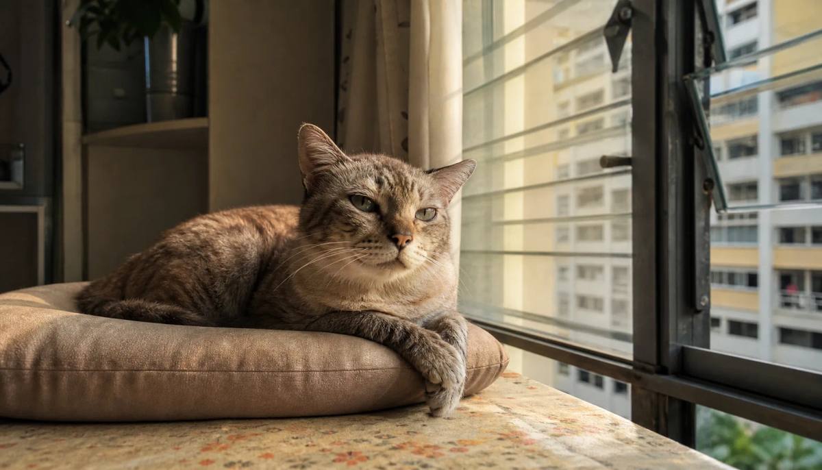 Senior cat resting on a low cushioned perch near a window in a Singapore home