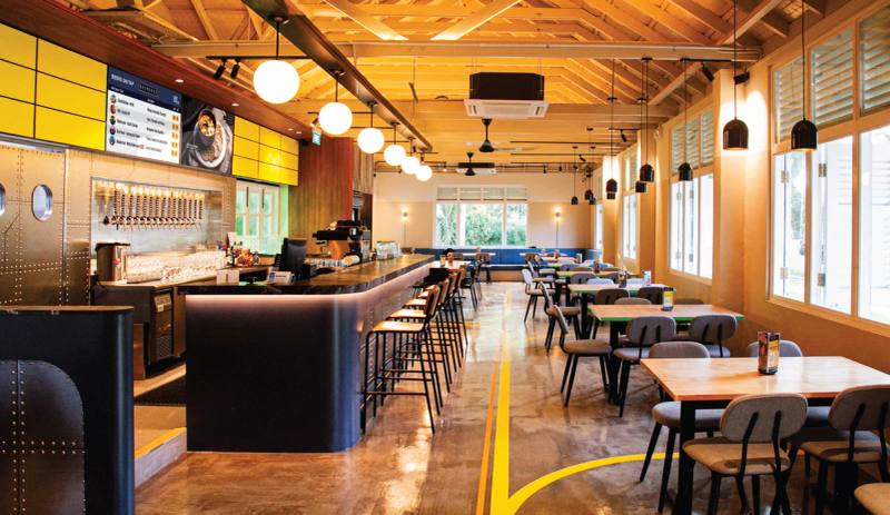 Interior of Brewerkz Seletar Aerospace Park; dogs use outdoor seating