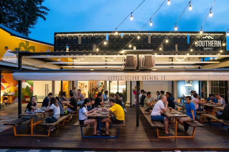 Outdoor seating at Little Island Brewing Co, Gillman Barracks