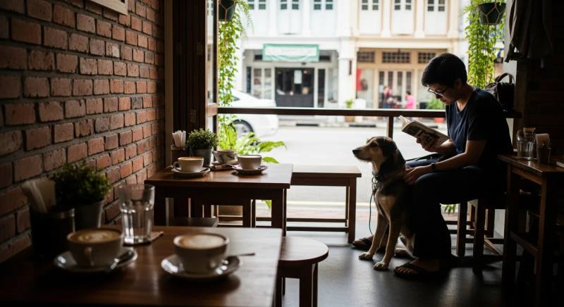 A person reading beside a leashed dog in a cafe scene; this image is not verified as the Sarnies branch.