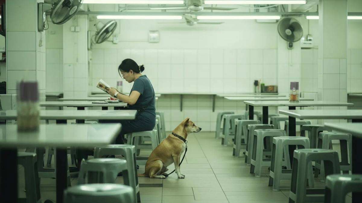 A dog sitting near their owner in a hawker centre