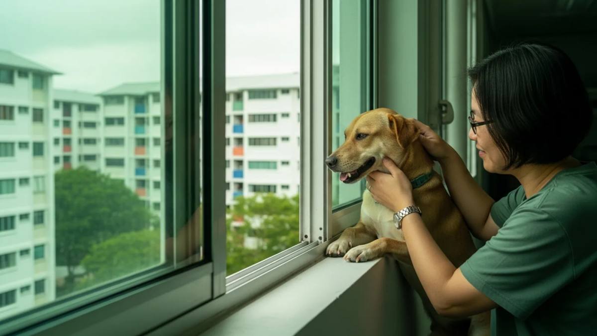 A dog being petted by their owner in a window overlooking an HDB estate