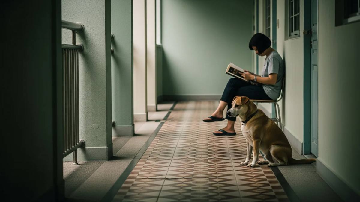 A dog sitting near their owner in an HDB corridor