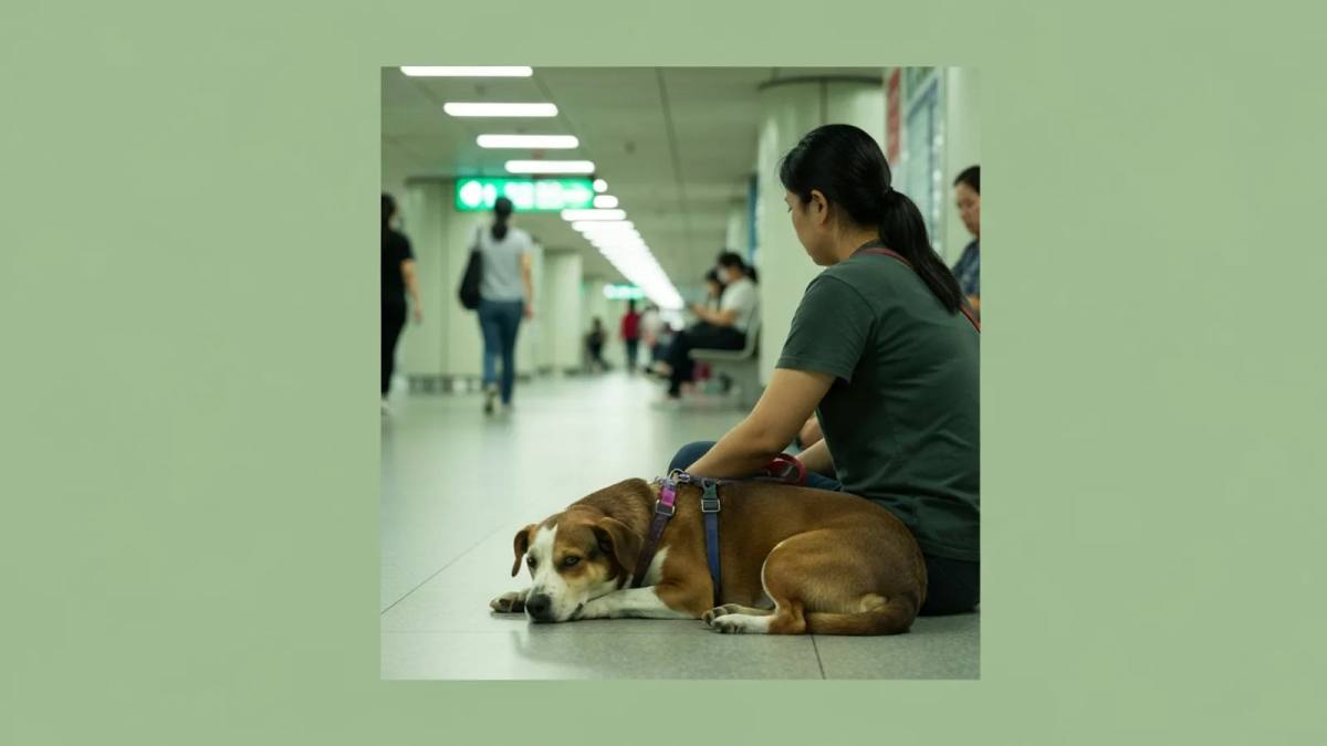 A dog resting beside their owner in an MRT concourse